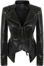 Load image into Gallery viewer, Print Studded White Leather Snake Pattern Biker Jacket