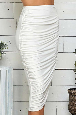 Wrapped White Ruched High Waisted Midi Skirt