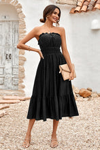 Load image into Gallery viewer, Smocked Black Strapless Ruffled Maxi Dress