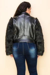 Plus Size Black Leather Fur Sleeve Women's Jacket