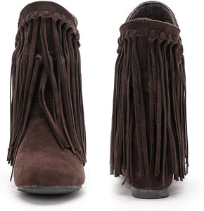 Dark Brown Fringe Tassel Women's Ankle Boots