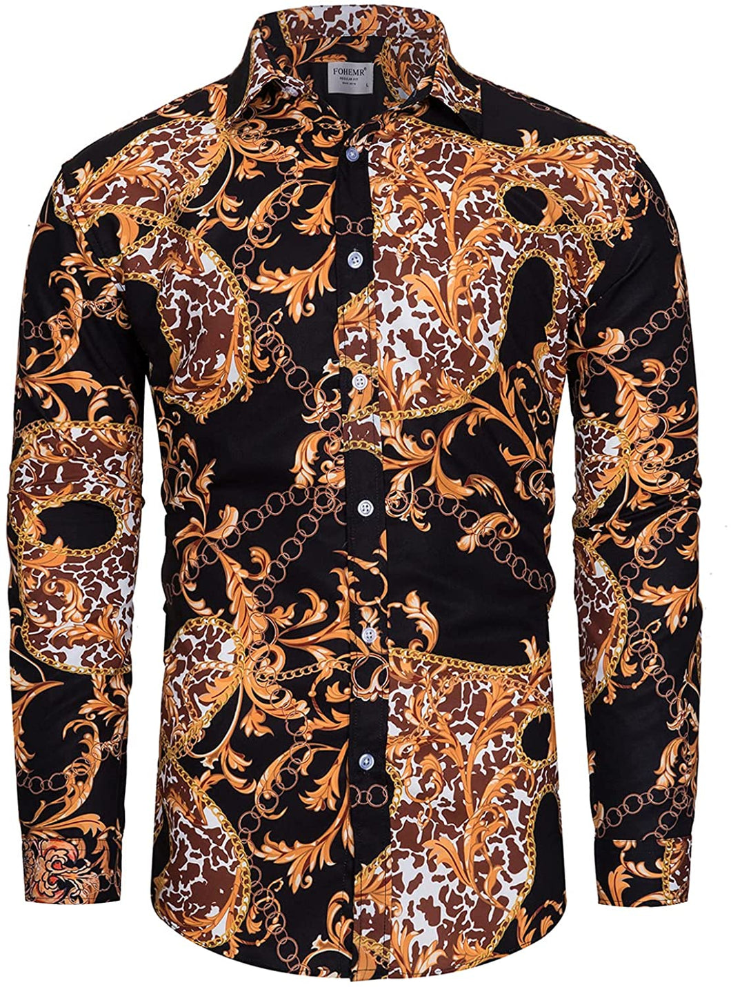 Men's Red and Black Long Sleeve Baroque Print Button Down Shirt