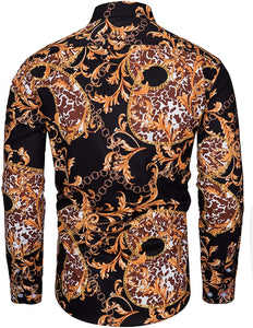Men's Red and Black Long Sleeve Baroque Print Button Down Shirt