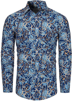 Men's Blue Luxury Long Sleeve Baroque Print Button Down Shirt