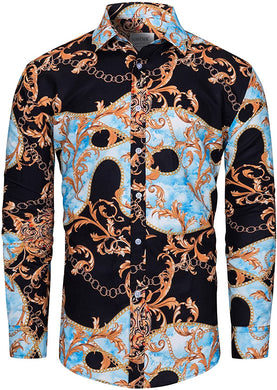 Men's Blue Sky Luxury Long Sleeve Baroque Print Button Down Shirt