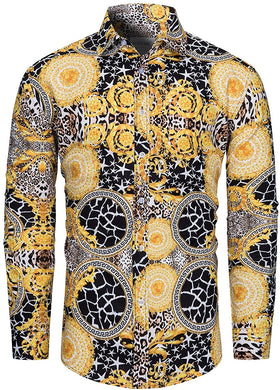 Men's Gold Long Sleeve Baroque Print Button Down Shirt
