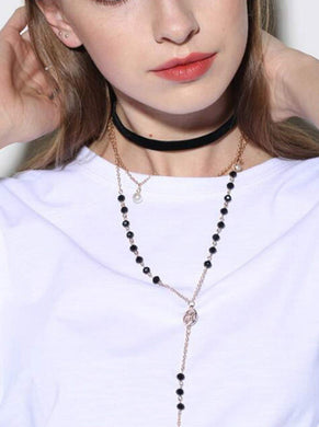 Black Velvet Cross Drop Black Bead Pearls Choker Necklace
