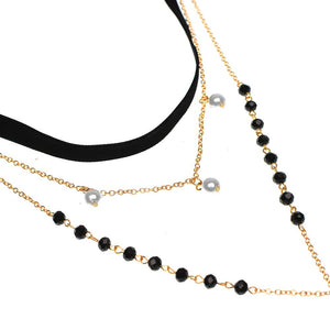 Black Velvet Cross Drop Black Bead Pearls Choker Necklace