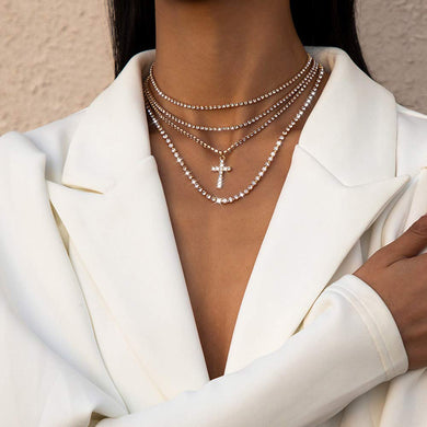 Cross Rhinestones Gold Dainty Chain Layered Necklace Jewelry
