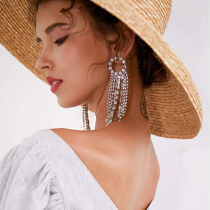 Fashion Dangle Earrings Silver Tassel Full Rhinestones
