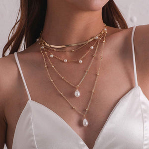 Multilayered Pearl Accented Gold Chain Necklace