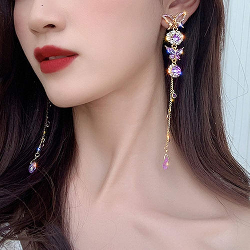 Long Tassels Purple Rhinestones Crystal Butterfly Earrings