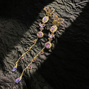 Long Tassels Purple Rhinestones Crystal Butterfly Earrings