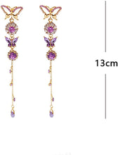 Load image into Gallery viewer, Long Tassels Purple Rhinestones Crystal Butterfly Earrings