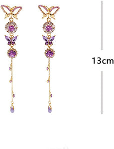 Long Tassels Purple Rhinestones Crystal Butterfly Earrings