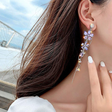 Silver and Purple Rhinestones Big Dainty Floral Drop Earrings