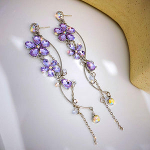 Silver and Purple Rhinestones Big Dainty Floral Drop Earrings