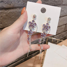 Load image into Gallery viewer, Silver and Purple Rhinestones Big Dainty Floral Drop Earrings