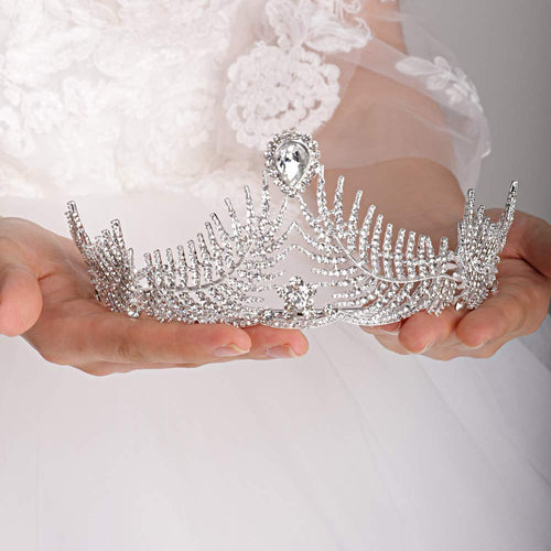 Vintage Feather Crystal Rhinestone Silver Tiara Crown