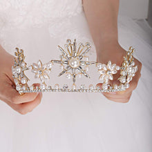 Load image into Gallery viewer, Floral Pearls Crystal Rhinestones Gold Tiara Crown