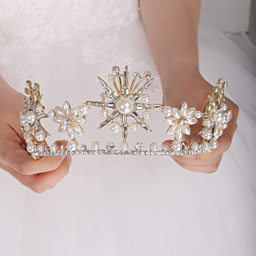 Floral Pearls Crystal Rhinestones Gold Tiara Crown