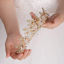 Load image into Gallery viewer, Floral Pink Crystal Rhinestones Gold Tiara Crown