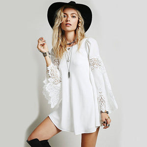 Boho White Lace Bell Sleeve Mini Dress
