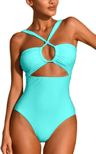 Load image into Gallery viewer, Cross Front Halter Green Tummy Control One Piece Swimsuits