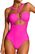 Load image into Gallery viewer, Cross Front Halter Rosy Pink Tummy Control One Piece Swimsuits