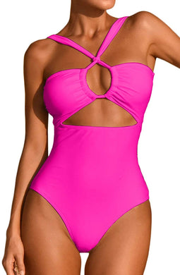 Cross Front Halter Rosy Pink Tummy Control One Piece Swimsuits