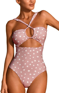 Cross Front Halter Pink Polka Tummy Control One Piece Swimsuits