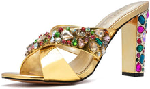 Load image into Gallery viewer, Gold Open Toe Rhinestone Heels