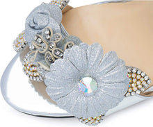 Load image into Gallery viewer, Floral Embellished Silver Women&#39;s Evening Chunky Shoes