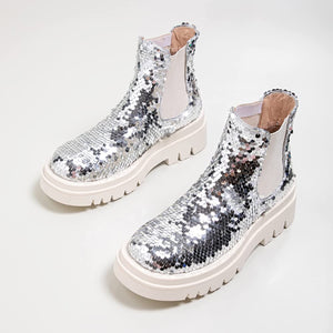 Women's Sequins Low Heel Slip-On Elastic Ankle Round Toe Silver Chelsea Boots