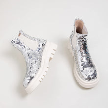 Load image into Gallery viewer, Women&#39;s Sequins Low Heel Slip-On Elastic Ankle Round Toe Silver Chelsea Boots