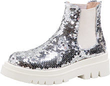 Load image into Gallery viewer, Women&#39;s Sequins Low Heel Slip-On Elastic Ankle Round Toe Silver Chelsea Boots