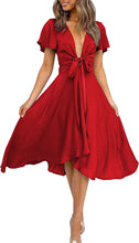 Load image into Gallery viewer, Gorgeous Red Satin Short Sleeve A-Line Midi Party Dress