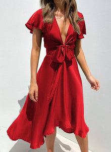 Gorgeous Red Satin Short Sleeve A-Line Midi Party Dress