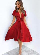 Load image into Gallery viewer, Gorgeous Red Satin Short Sleeve A-Line Midi Party Dress