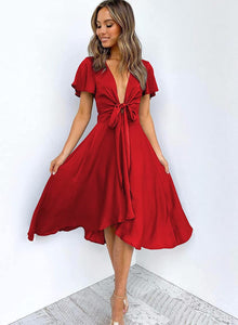 Gorgeous Red Satin Short Sleeve A-Line Midi Party Dress