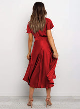 Load image into Gallery viewer, Gorgeous Red Satin Short Sleeve A-Line Midi Party Dress