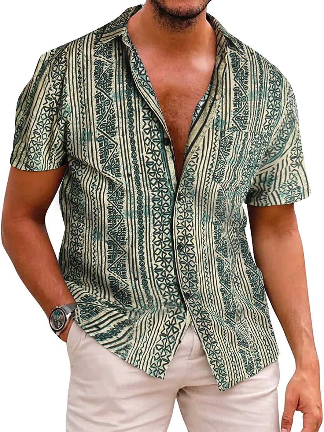 Summer Dark Green Short Sleeve Button Up Hawaiian Shirt