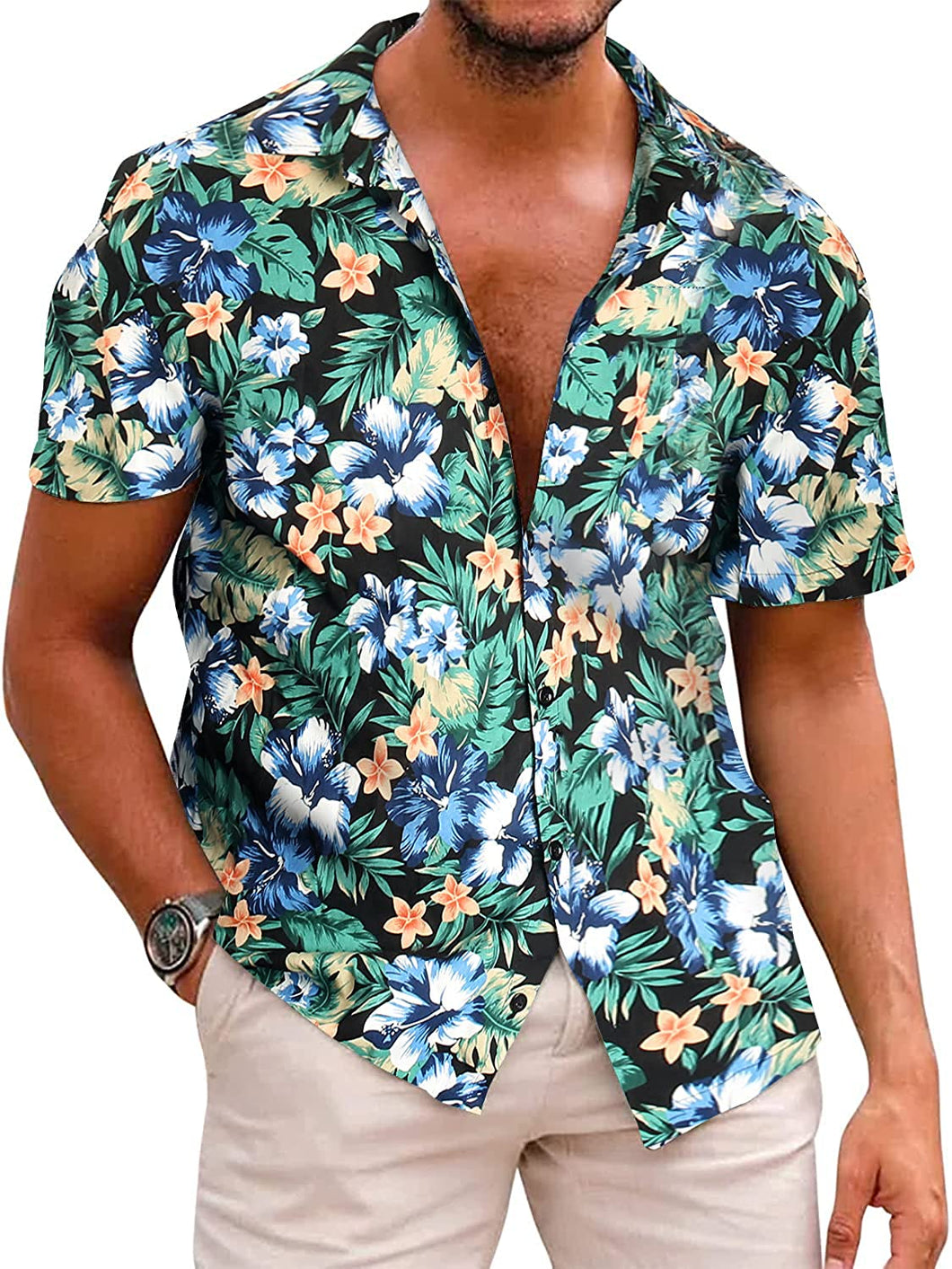 Summer Blue Flower Short Sleeve Button Up Hawaiian Shirt