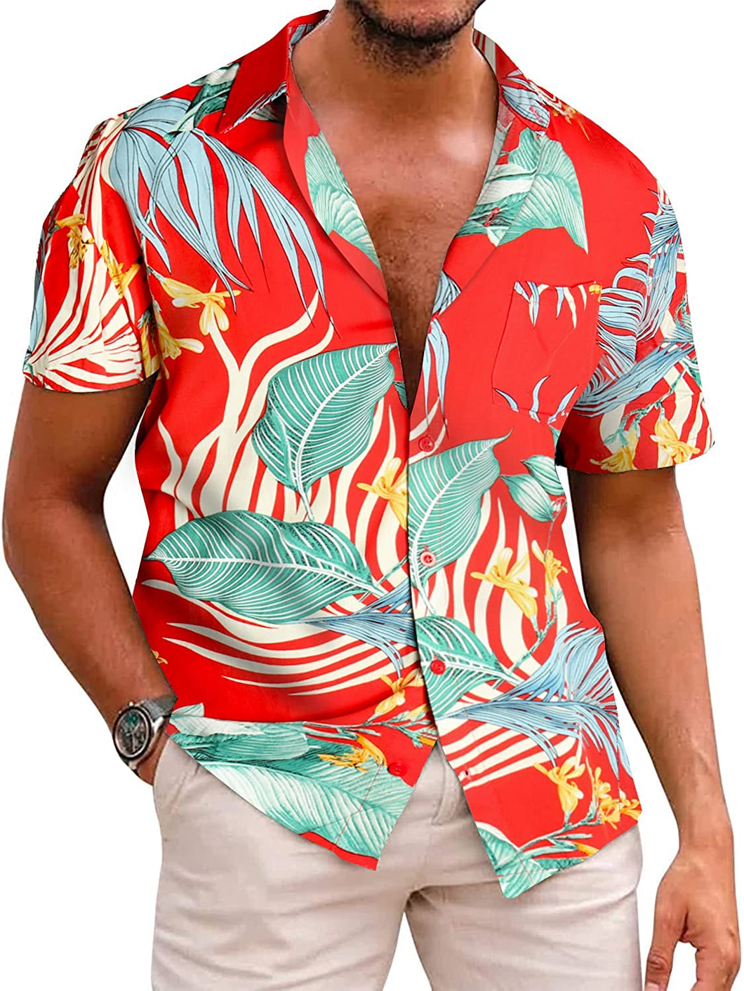 Summer Red Leaf Short Sleeve Button Up Hawaiian Shirt