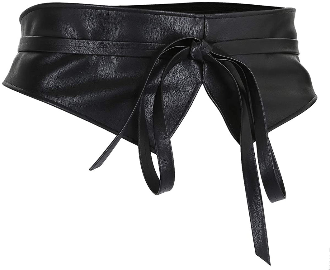 Obi Style Black Leather Cinch Waistband Belt