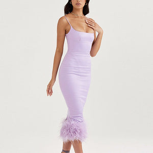 Chic Purple Satin Feather Hem Midi Bodycon Dress