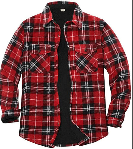 Men's Red Plaid Warm Sherpa Lined Fleece Jacket