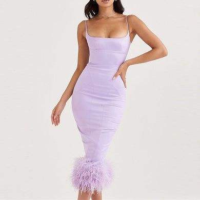 Chic Purple Satin Feather Hem Midi Bodycon Dress