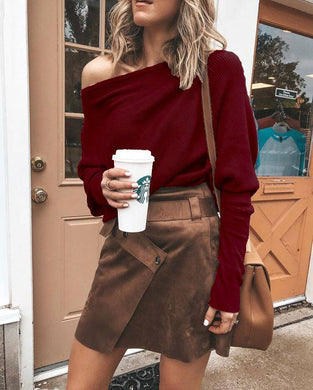 Slouchy Red One Shoulder Long Sleeve Knit Sweater