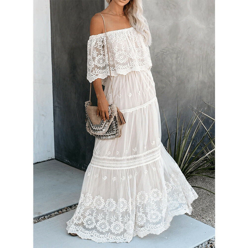 White Crochet Lace Off Shoulder Maxi Dress
